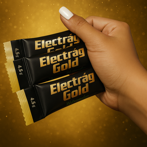Electrag gold electrolyte drink sachets, sugar-free, with natural ingredients, held in hand for hydration and performance.