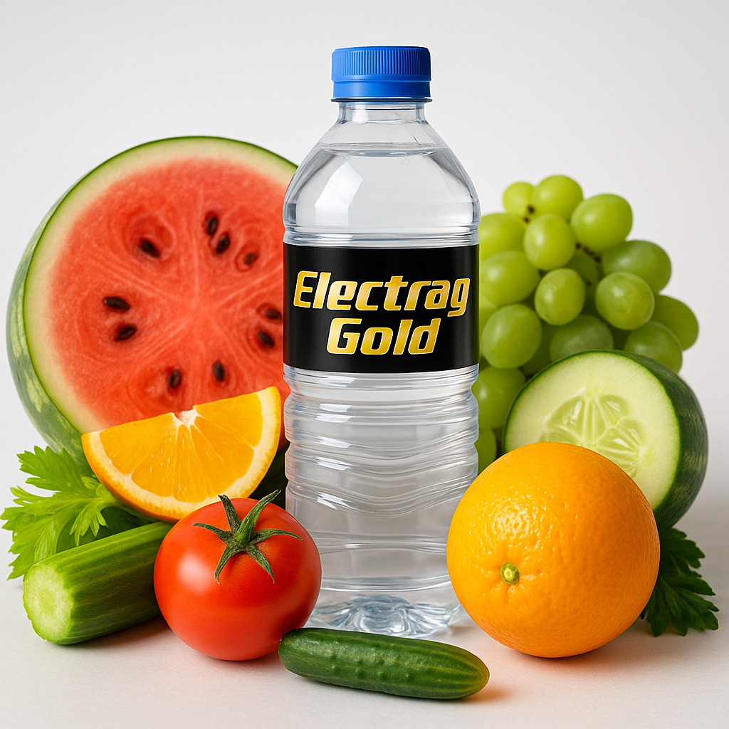 Hydration tips Dubai with Electrag Gold electrolyte drink, fruits, vegetables and pure water