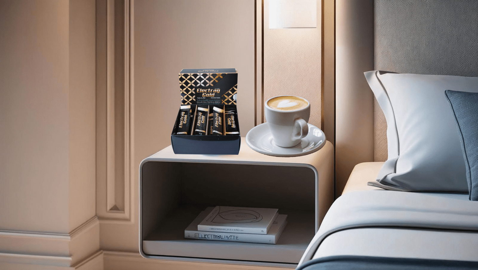 Electrag Gold sugar-free electrolyte powder next to a coffee cup on a nightstand