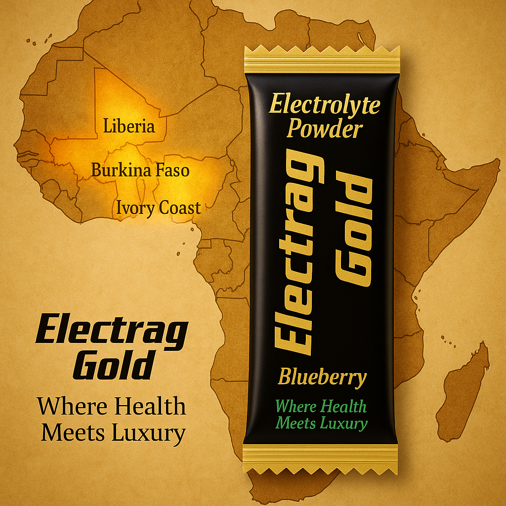 Electrag Gold Blueberry electrolyte powder sachet over a golden Africa map highlighting Benin, Liberia, Burkina Faso, and Ivory Coast, with ISO, FDA, GMP, and Montaji certification stamps.